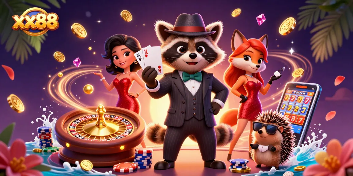 Experience thrilling gameplay with xx88's casino adventures featuring a stylish raccoon, fox lady, and hedgehog bouncer.