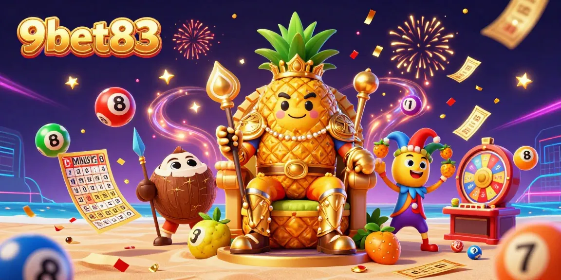 Experience the thrilling gaming atmosphere of 9bet83 with vibrant casino elements and dynamic lottery characters.