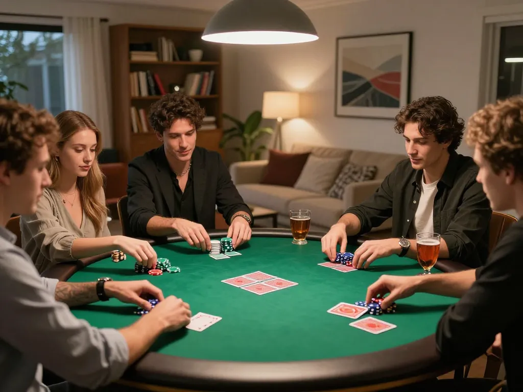 Friends enjoying a thrilling poker night at home, showcasing the ALO8 gaming experience.