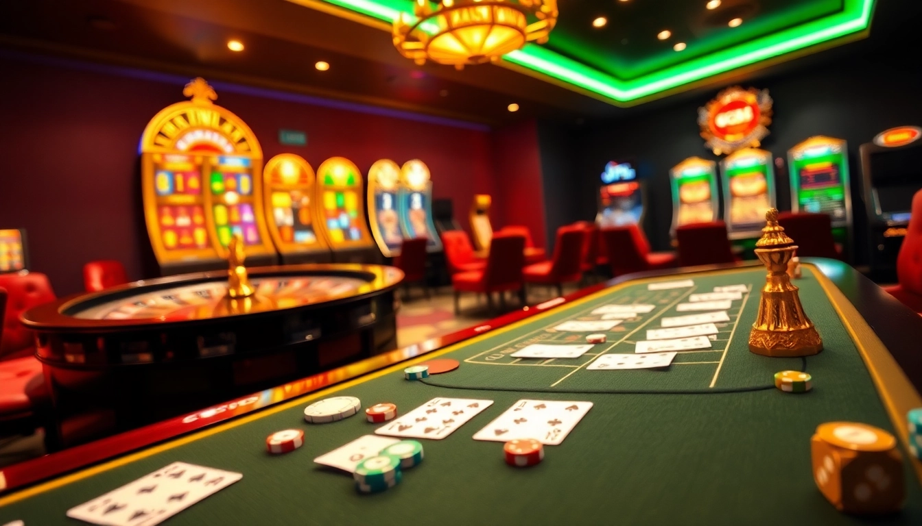 GG88 players enjoying a vibrant casino atmosphere with cards, roulette, and slot machines.