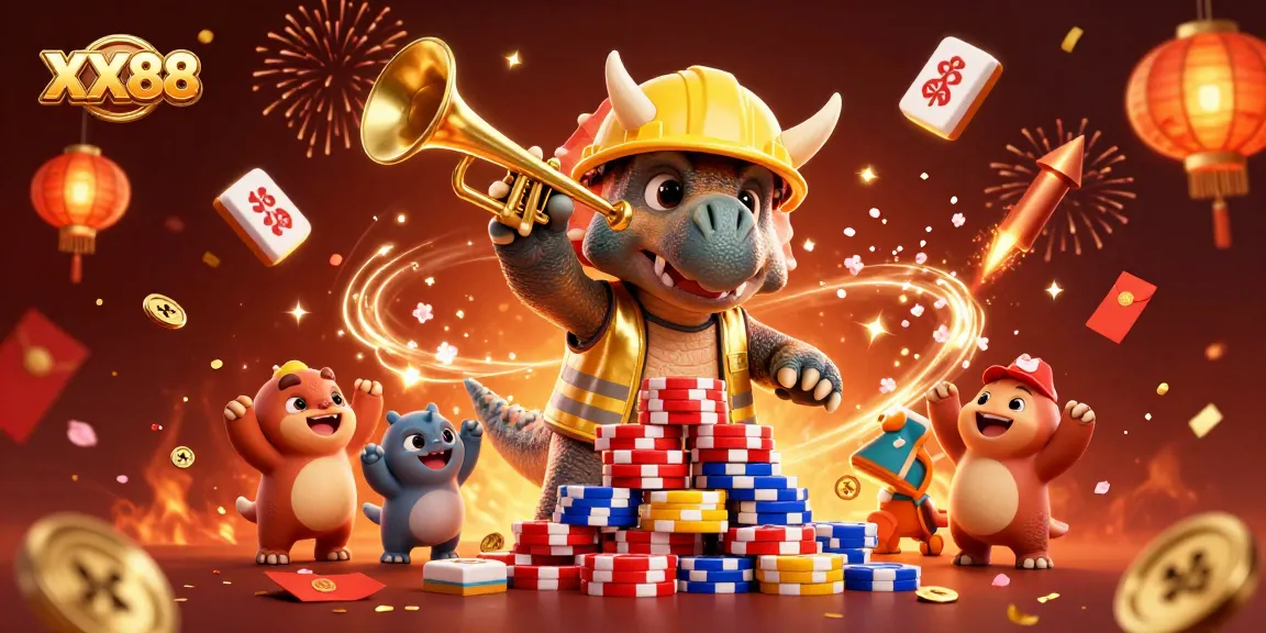 Experience the excitement of XX88 with a dynamic 3D illustration of playful characters in a casino-themed celebration.