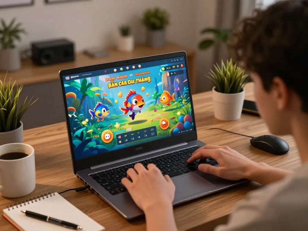 Bắn Cá Đổi Thưởng game interface displayed on a laptop with a player celebrating a win.