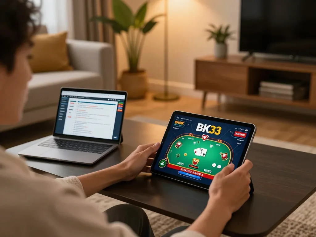 Player using BK33 online gambling app on tablet in cozy home setup with strategy notes.