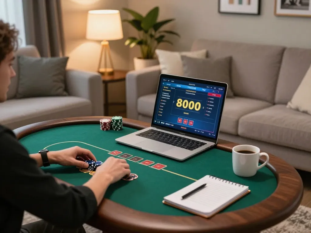 Player enjoys online poker at home with XX88, showcasing betting strategies for responsible gaming.