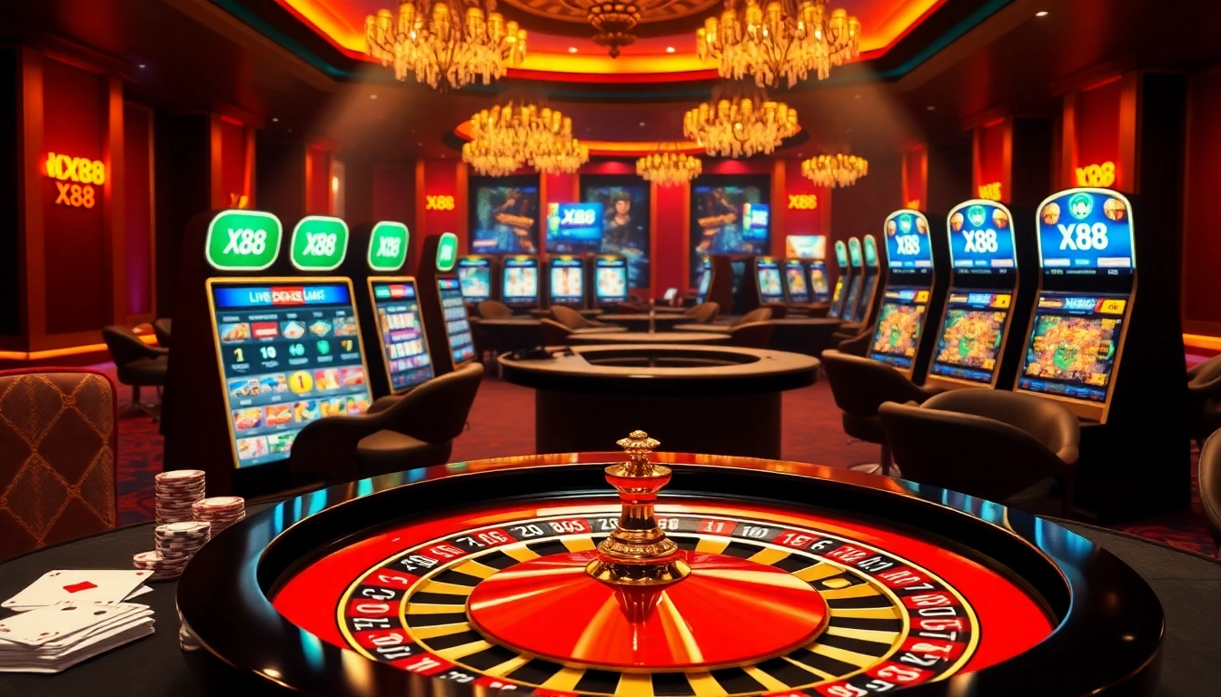 X88 players engaged in an exciting casino game atmosphere with poker chips and roulette.