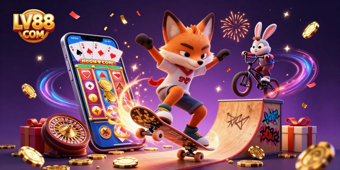 Experience thrilling action with LV88 COM in a vibrant casino-themed scene featuring a skateboarder fox and BMX rabbit.