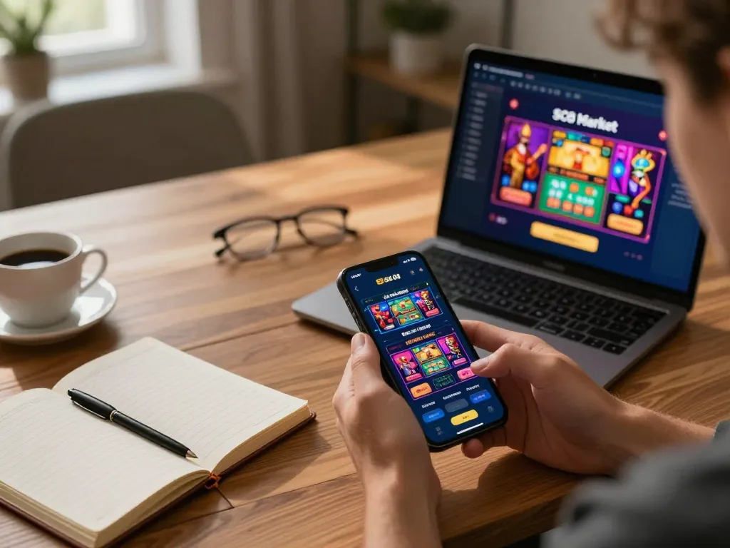 Engaging with SC88 Market on mobile, showcasing an online gaming setup with vibrant app interface