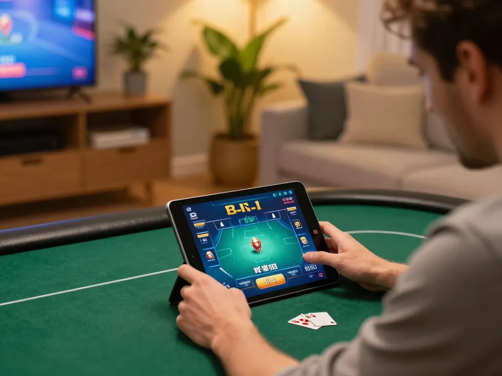 Tg88 player strategizing in online poker game on tablet in cozy home setting.