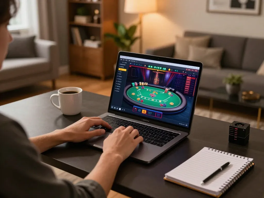 Player engaging in online poker using 789win link on laptop in cozy home gaming setup.