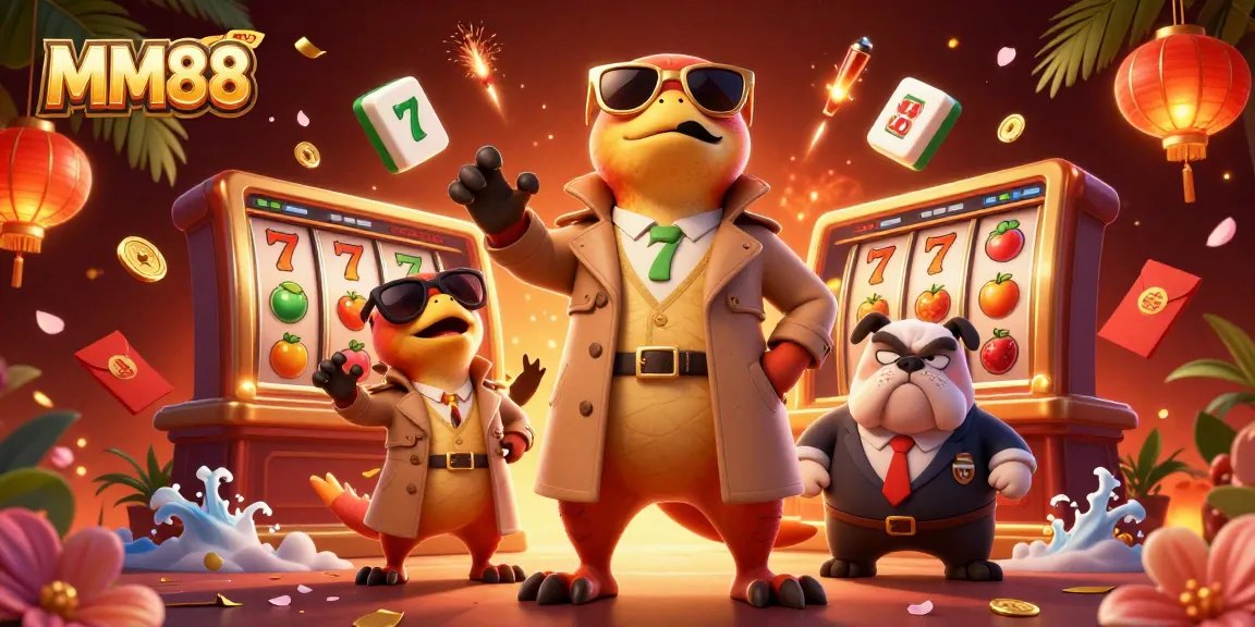 Spin the reels and join MM88's jackpot quest with cartoon raptors and a bulldog bouncer.