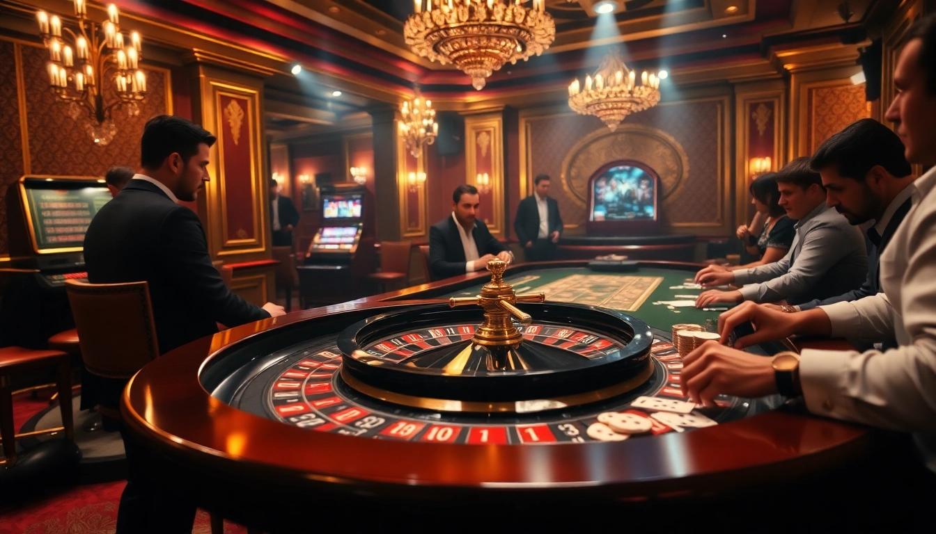 Thrill of gambling at Thabet casino with players at a roulette table and poker action.
