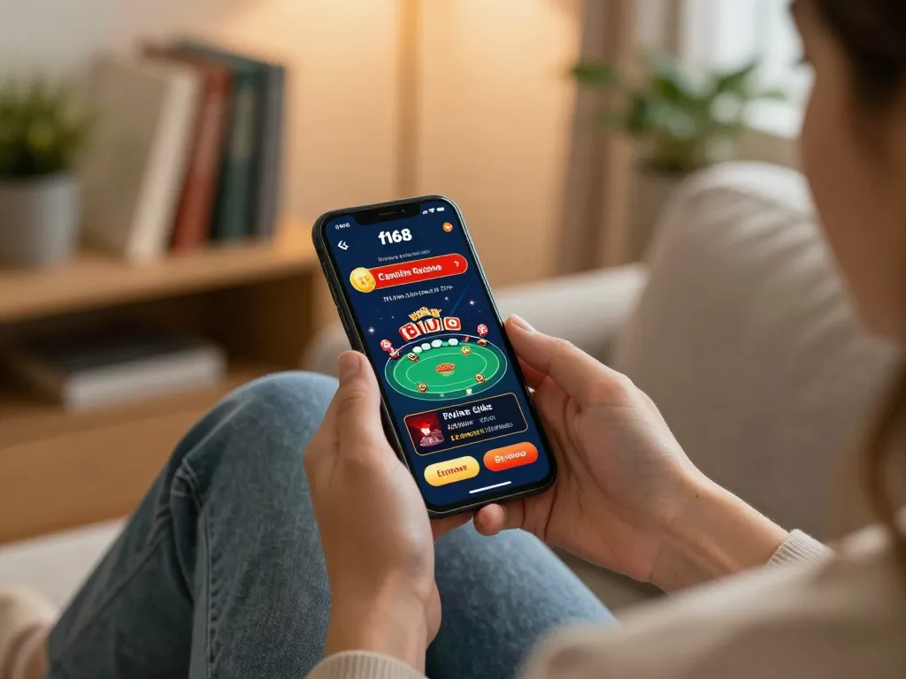 Engaging with f168 mobile app for online gambling in a cozy home environment.
