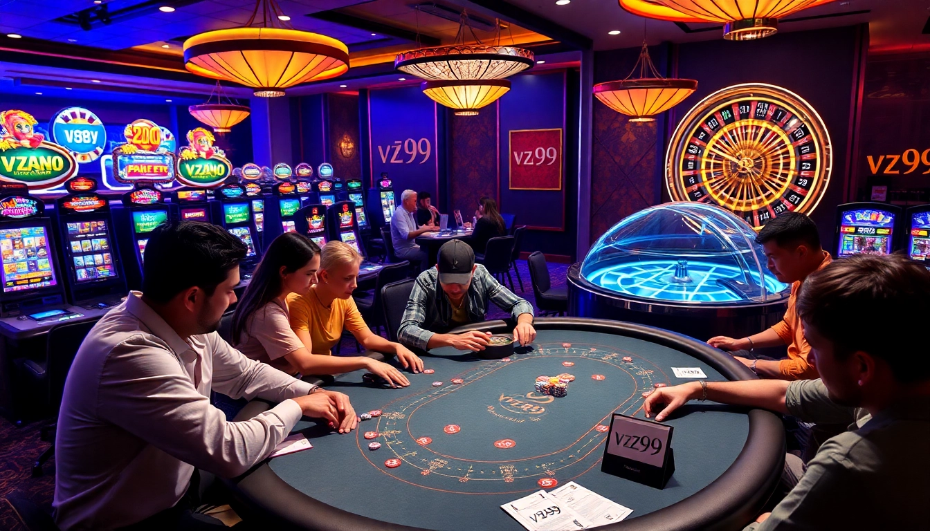 Exciting casino action at vz99 with players at a poker table surrounded by vibrant slot machines.