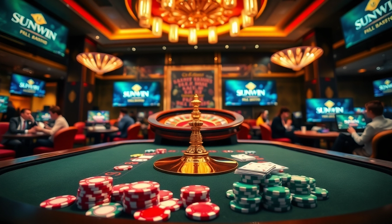SUNWIN players enjoying an exciting game at a luxurious online casino table with vibrant poker chips.