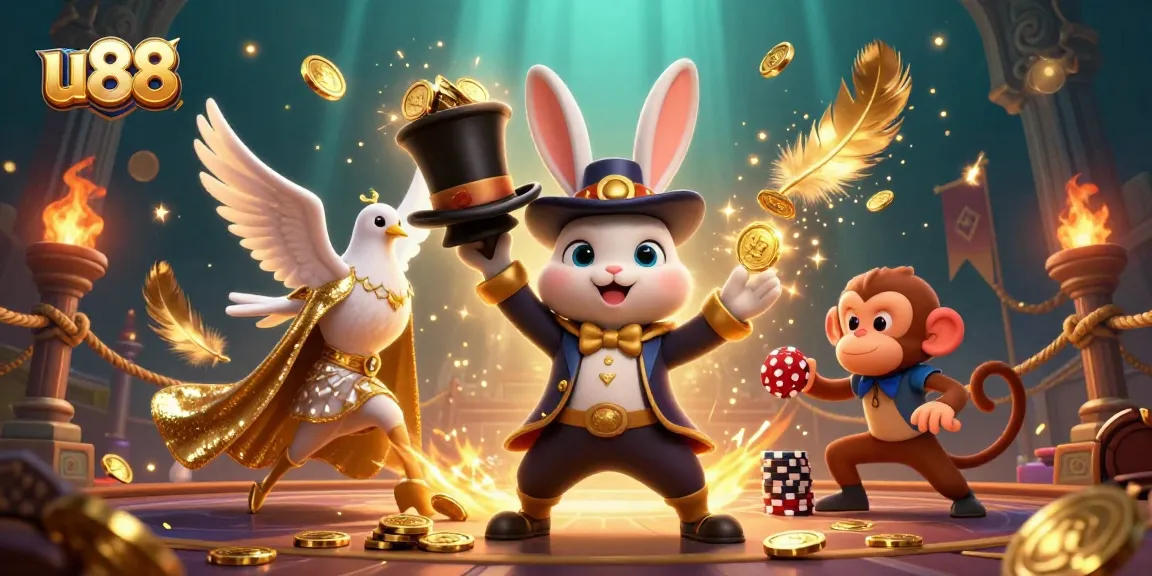 Experience thrilling adventures with u88 casino’s magical rabbit, glamorous dove, and playful monkey in a vibrant scene.