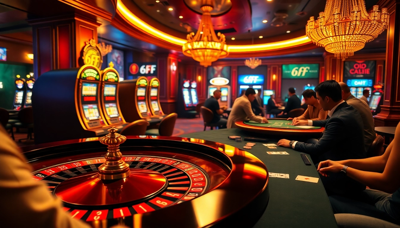 A lively casino scene with players enjoying games at 6FF featuring roulette and slot machines.