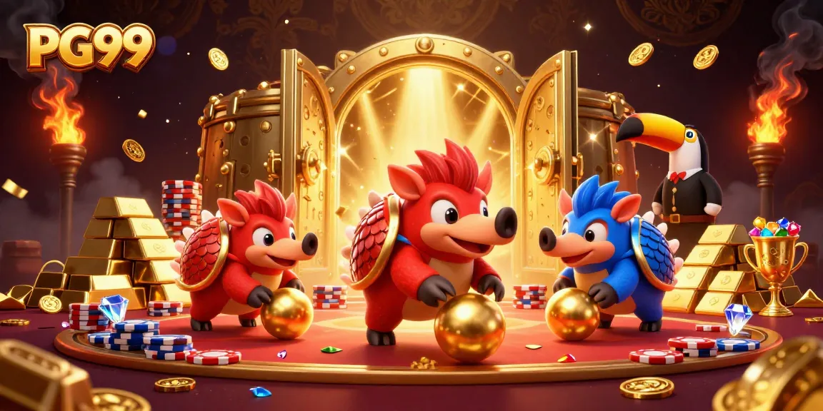 PG99 pangolins playfully roll golden balls through poker chips in a vibrant casino scene.