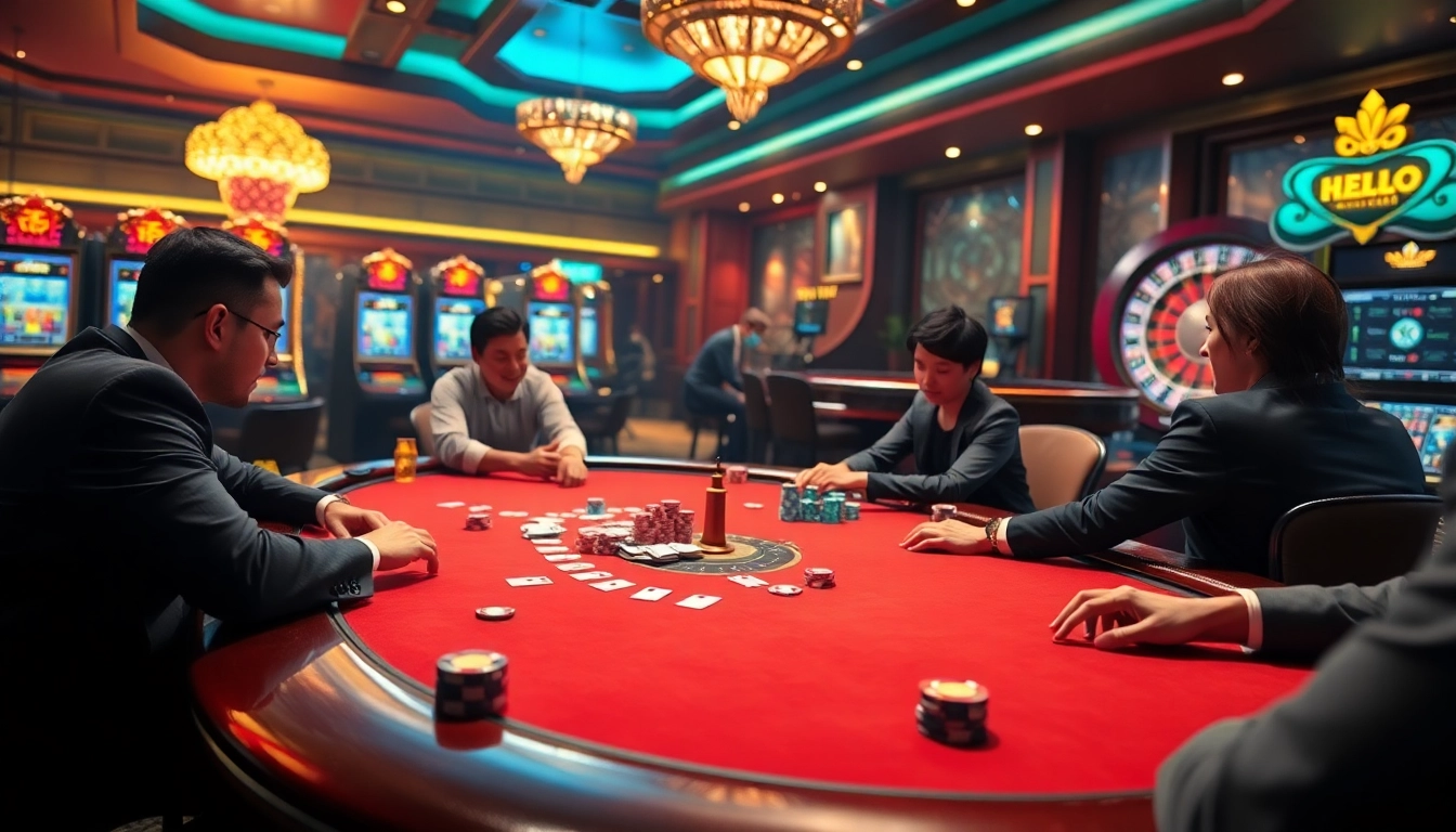 Hello88 casino scene showcasing players at a poker table amidst vibrant gaming machines and roulette.