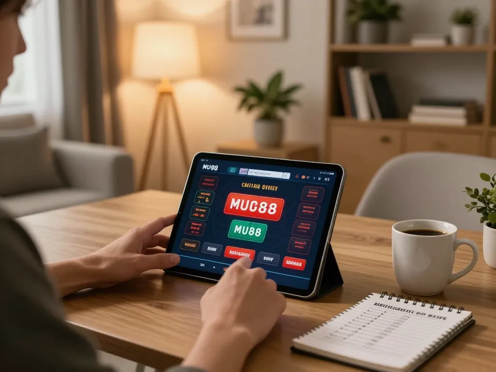 Engaged player betting on the MU88 casino app in a cozy home environment.