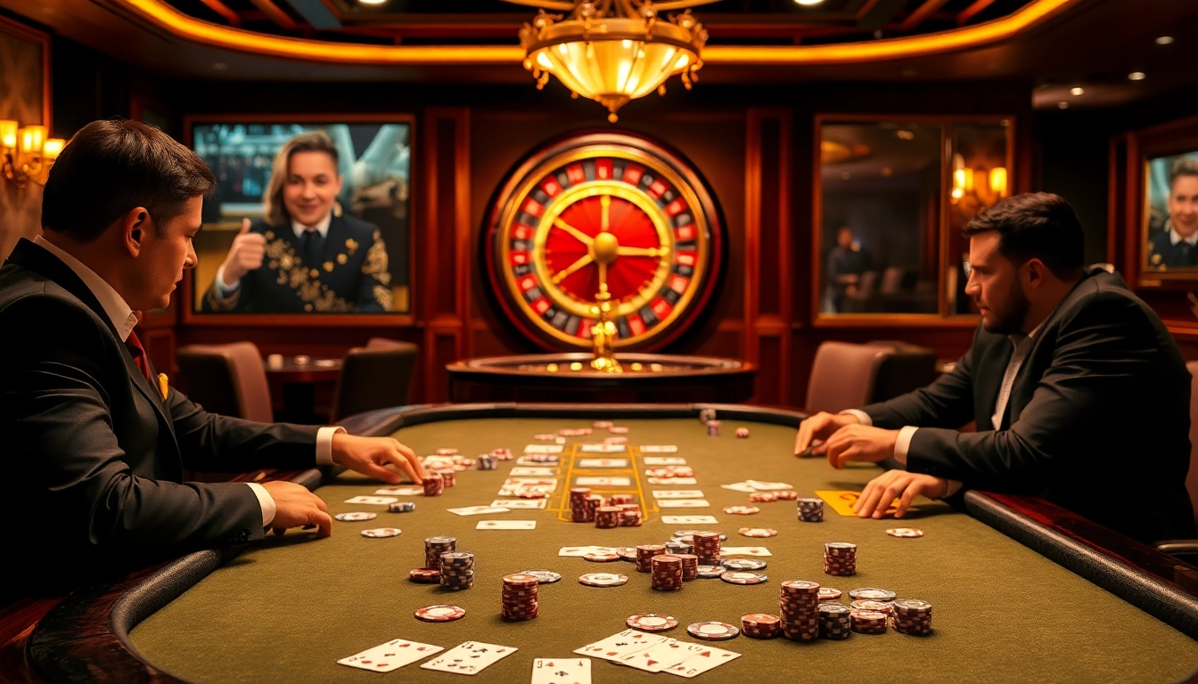 Engaging in a thrilling KP88 poker game at a luxurious casino table surrounded by excitement.