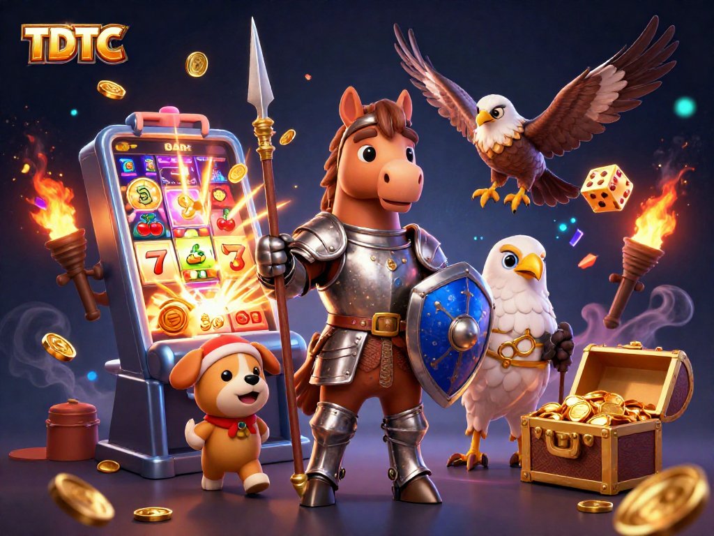 Experience the thrill of TDTC as a knight, squire, and falcon celebrate a jackpot in a vibrant casino scene.