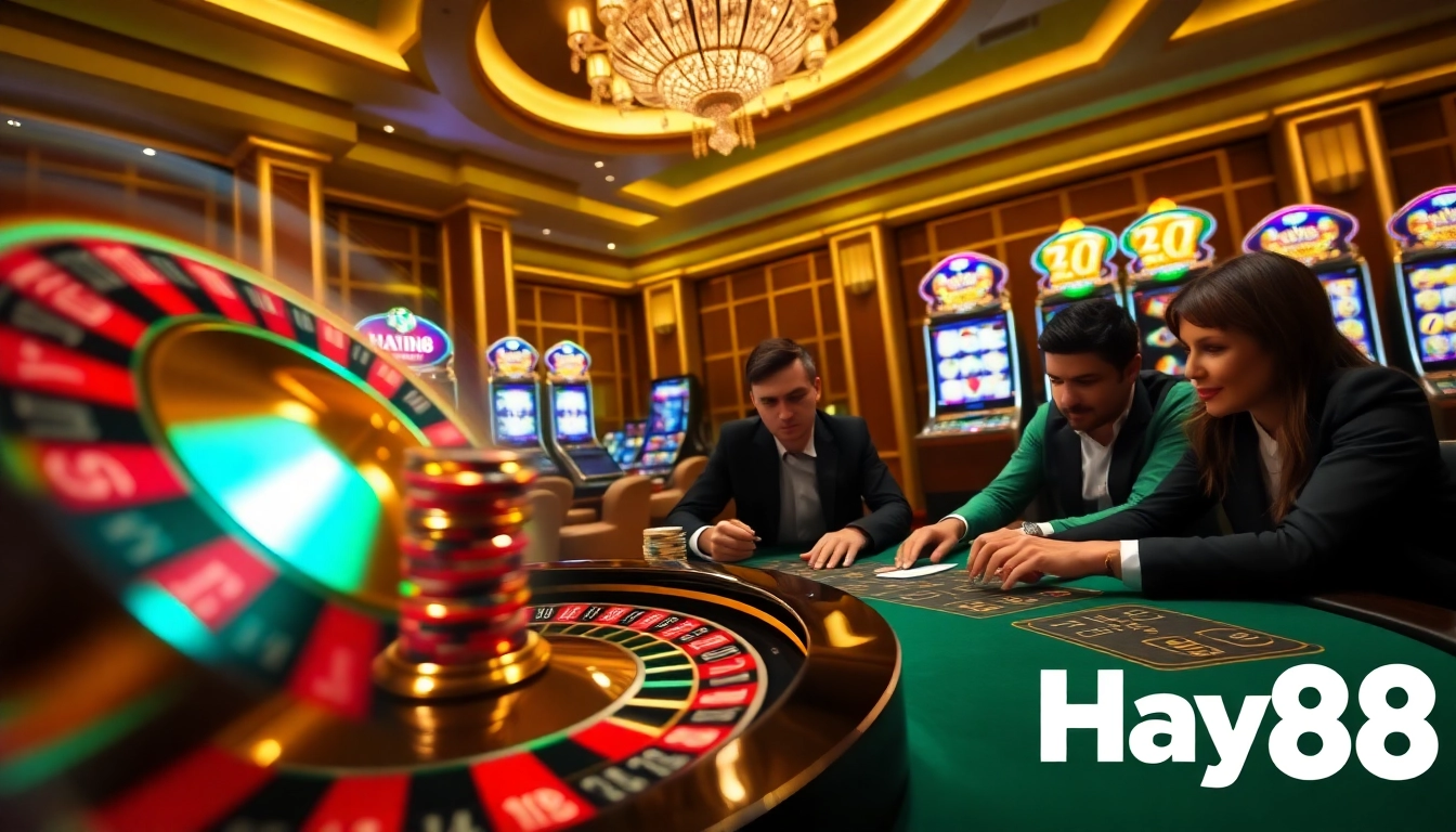 Players enjoying the thrilling atmosphere at Hay88 casino with vibrant roulette and poker action.