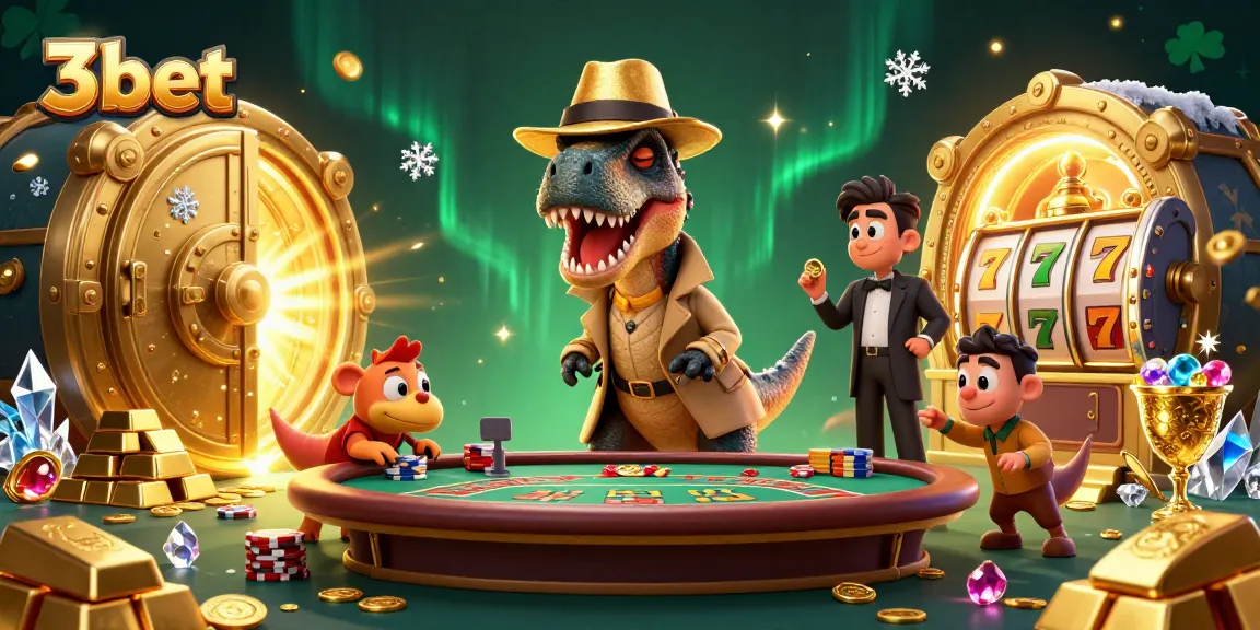Engage in thrilling 3bet casino action with a clever velociraptor at a blackjack table surrounded by treasures.