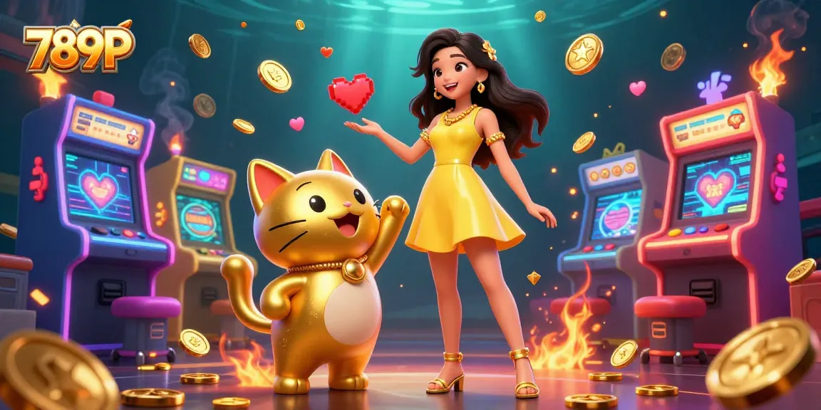 Experience thrilling 789P casino excitement with golden lucky cats and vibrant game machines.