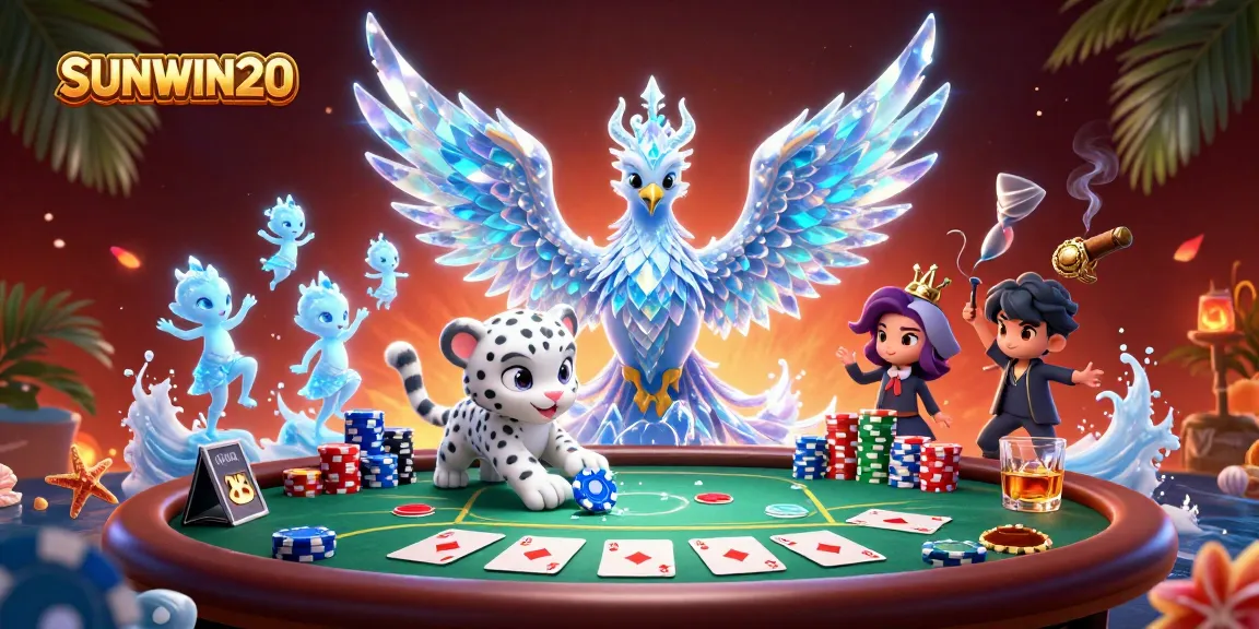 Experience SUNWIN20 excitement with a dazzling poker scene featuring a playful snow leopard cub.