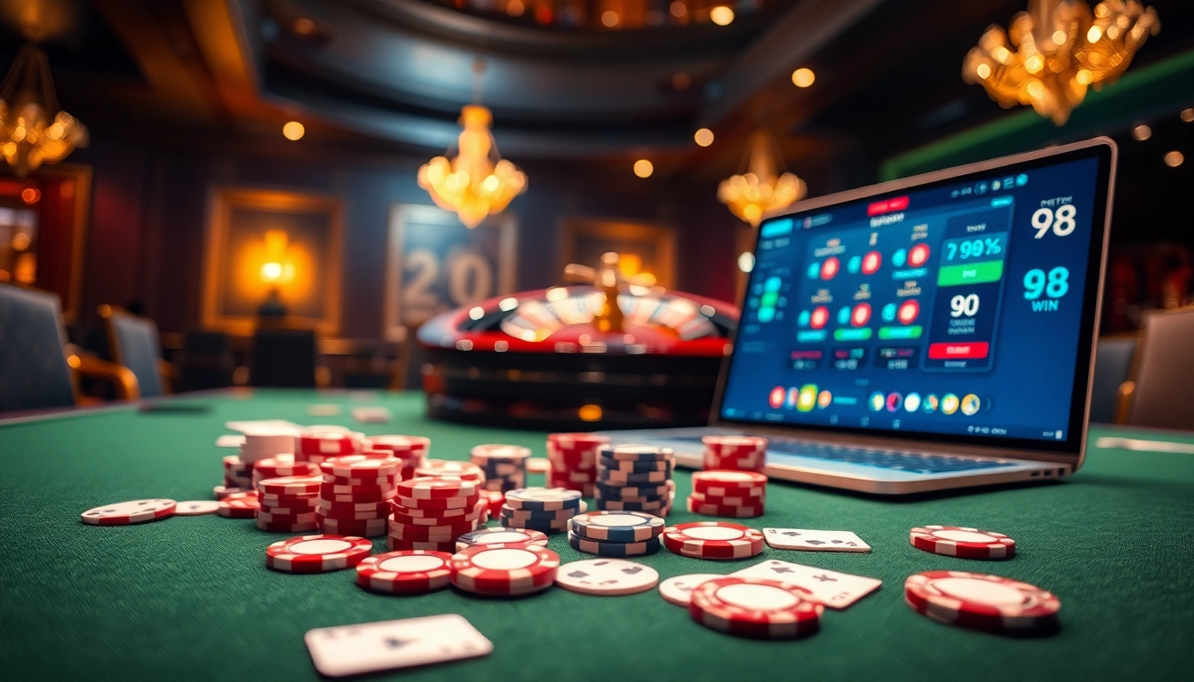 Experience the thrill of 98 WIN with vibrant casino visuals featuring poker chips and roulette wheels.