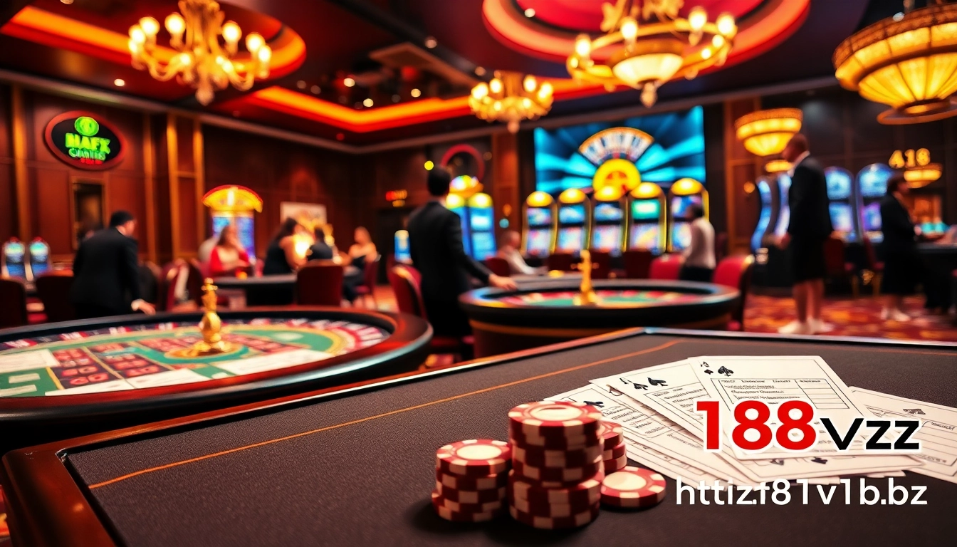 Gamblers celebrate winning at the thrilling casino scene showcasing https://188v.bz/ with vibrant gaming tables and luxury atmosphere.