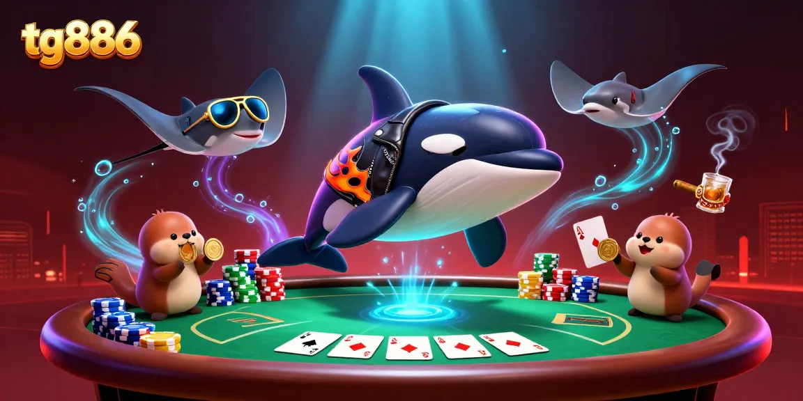 Engage in tg886 poker action with animated sea creatures surrounded by chips and glowing elements.