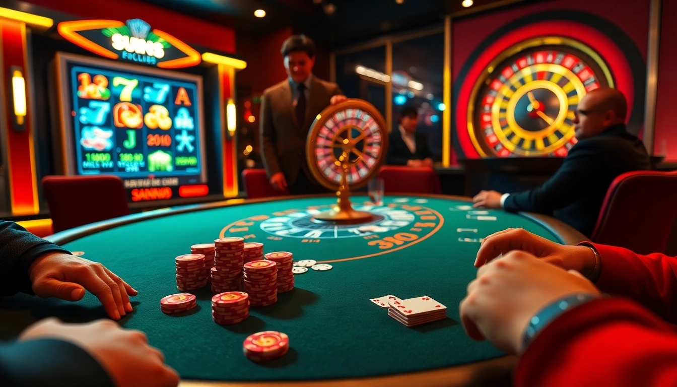 Sumclub players enjoying a thrilling poker game in a luxurious casino setting with vibrant colors and engaging atmosphere.