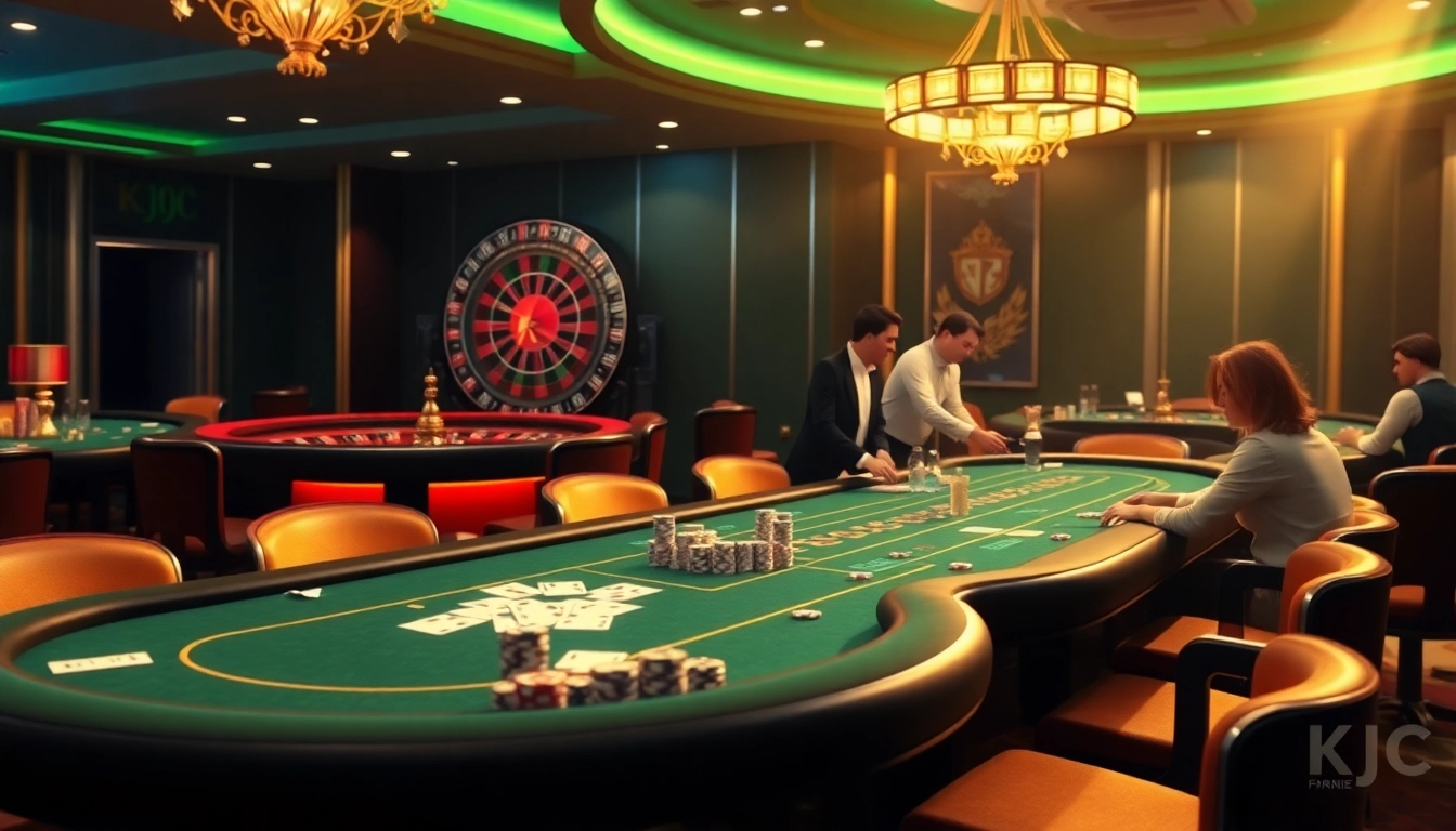 KJC casino scene showcasing exciting gaming tables and vibrant poker chips.