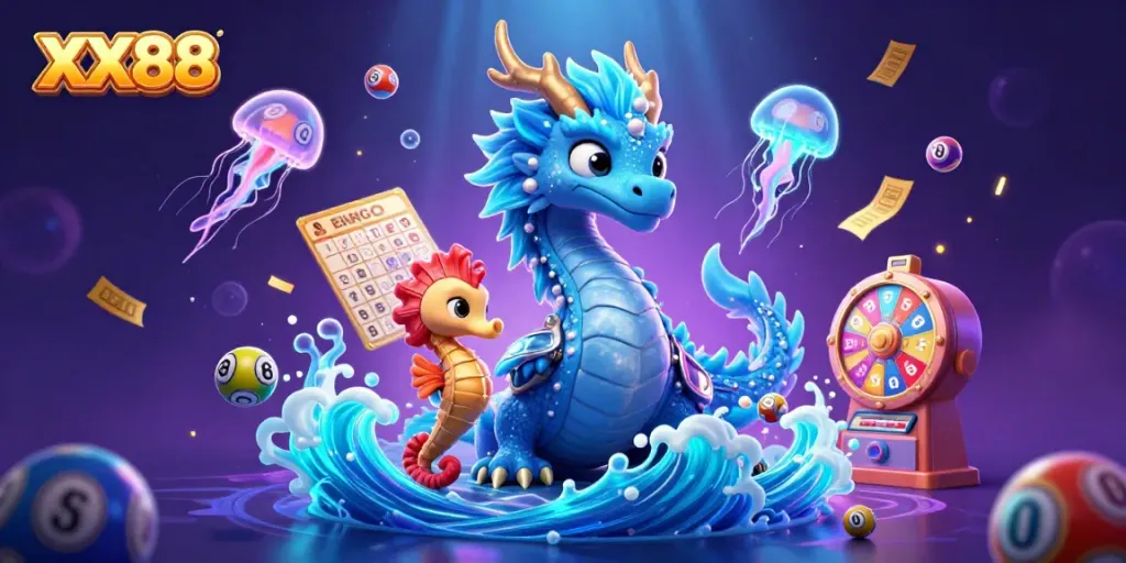 Experience the excitement of XX88 with a vibrant underwater casino scene featuring a dragon and seahorse knight.