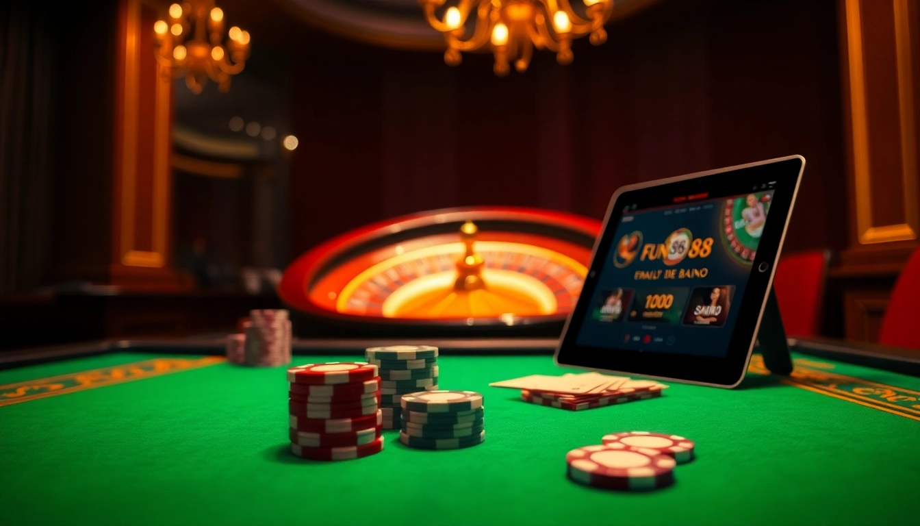 Experience thrilling gameplay at Fun 88 with a luxurious casino scene featuring poker chips and a roulette wheel.