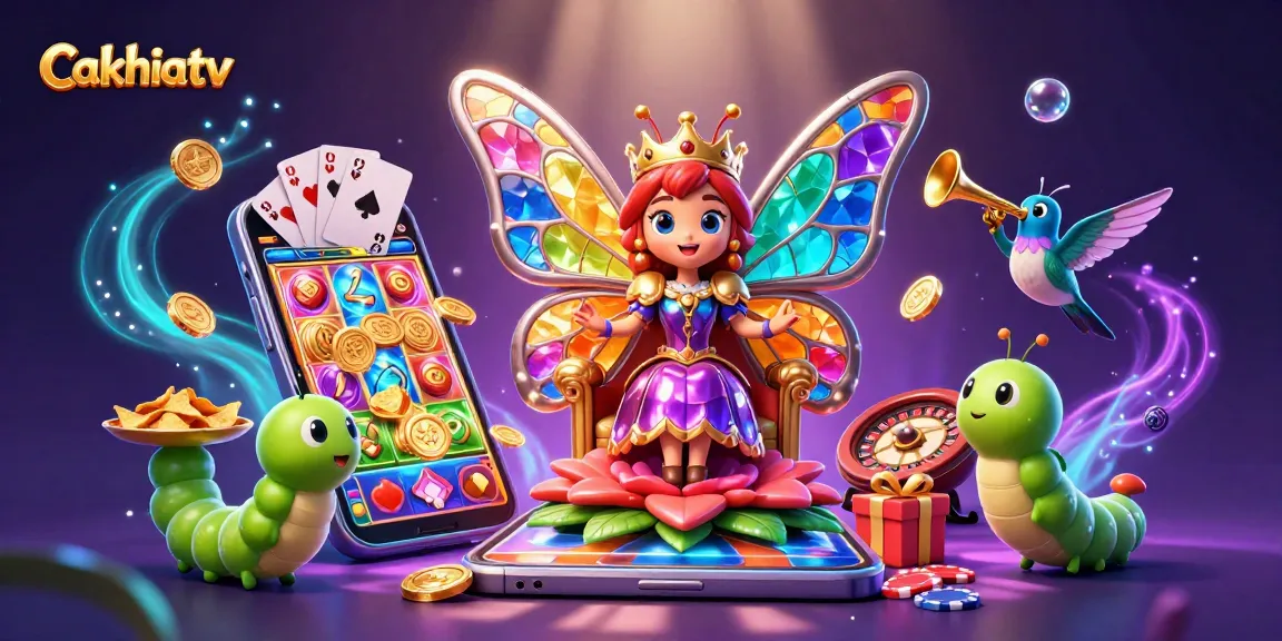 Cakhiatv features a whimsical 3D scene with a butterfly queen amid a vibrant casino atmosphere.