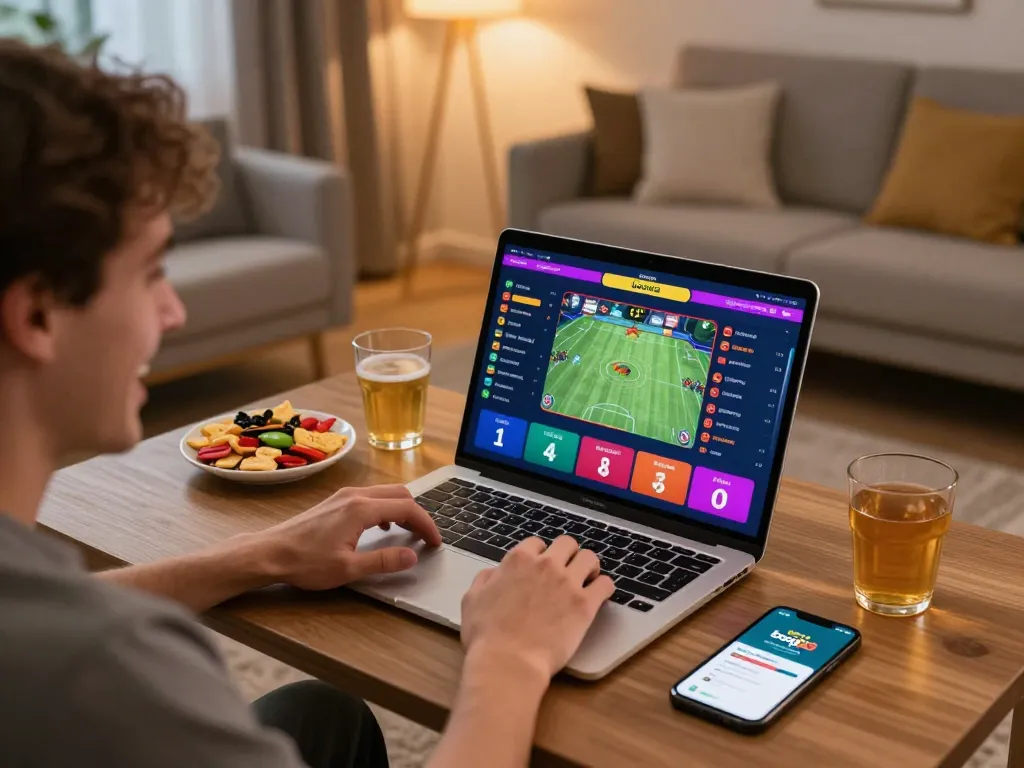 Engaging player using bong88 interface for sports betting, cozy home atmosphere with snacks