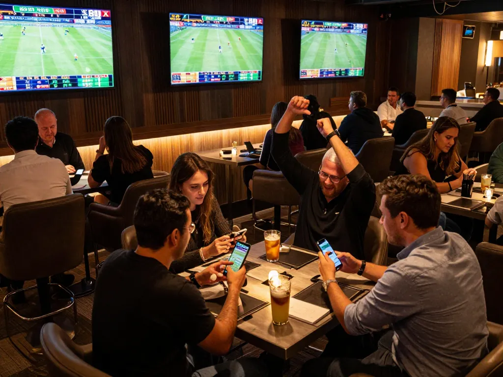 Twin68 sports betting patrons engaged with live game screens, excitedly strategizing and placing bets.