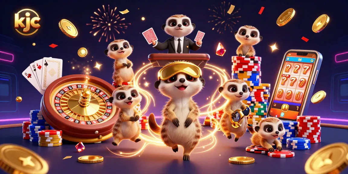 KJC casino scene with playful meerkats managing games and celebrating, showcasing vibrant energy.