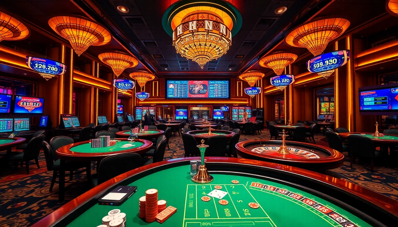 Casino gaming excitement at https://sky88j.design/ with vibrant tables, chips, and roulette wheels.