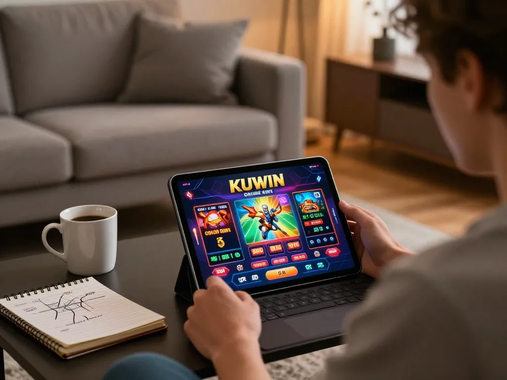 Engaging with KUWIN online casino interface in a modern living room setting, showcasing responsible gaming.