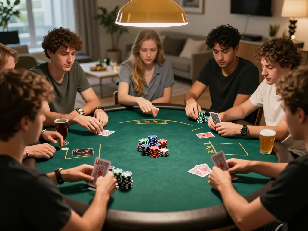 Players enjoying poker night, showcasing immersive gameplay experience with XO88 in a cozy home setting.