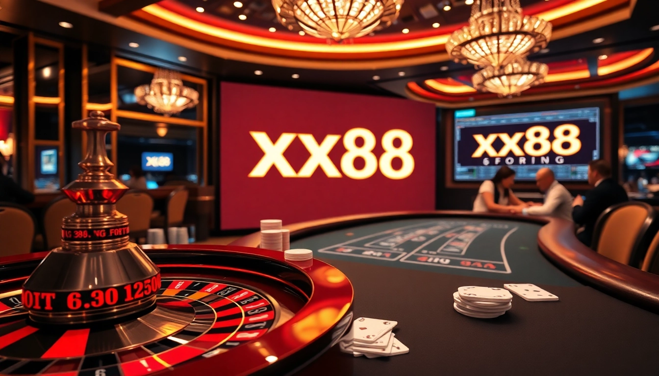 Experience thrilling gameplay at xx88.forex with colorful poker chips and a vibrant roulette wheel.