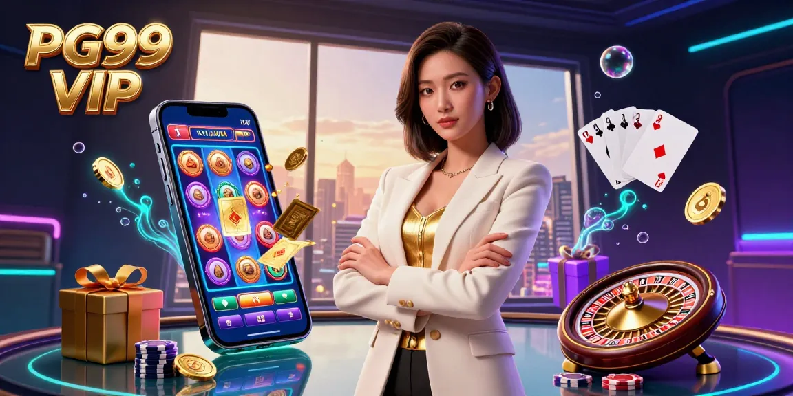 Engage with PG99 VIP through a vibrant casino scene showcasing a powerful businesswoman and dynamic gaming elements.