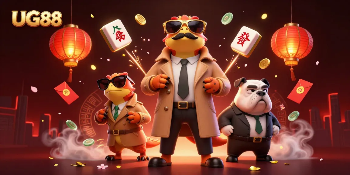 Engage with UG88 as raptors hilariously attempt VIP casino entry amidst floating mahjong tiles and golden elements.