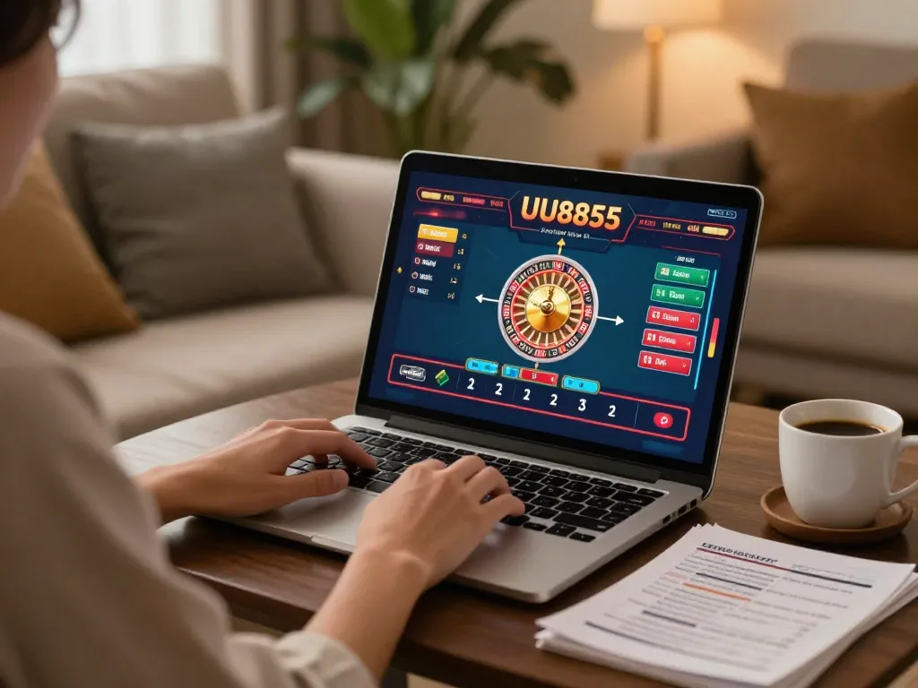 Engaging online gaming experience with uu8855 casino app on laptop in a cozy home setting.