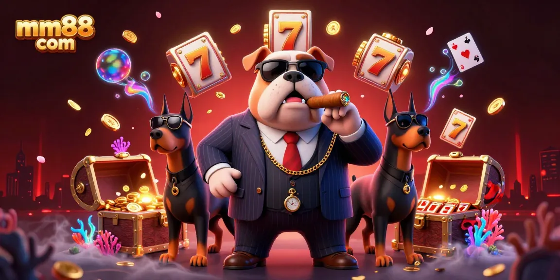 Join the excitement at mm88 com with a lively casino scene featuring mafia characters and slot games.