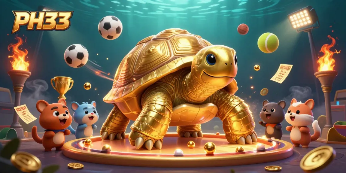 Experience thrilling gameplay at PH33, featuring a colossal pinball machine tortoise and vibrant sports elements.