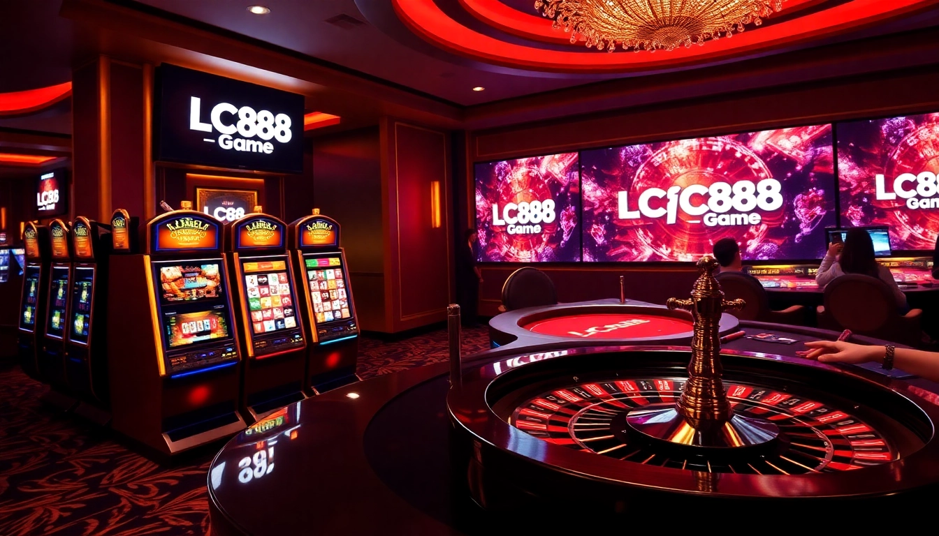 Engaging players partake in the LC88 Game at a luxurious casino with vibrant tables and slot machines.